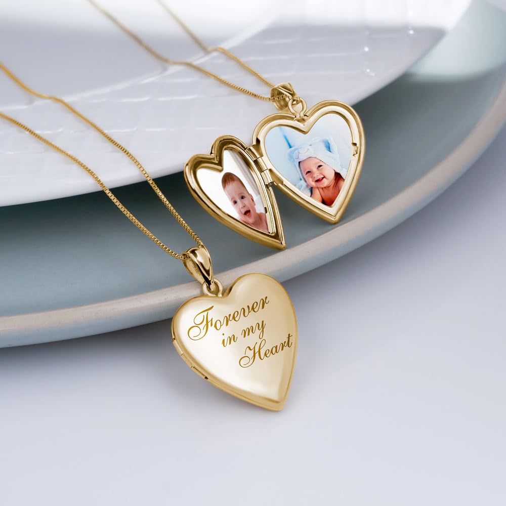 PicturesOnGold.com Forever In My Heart Locket Necklace for Women That Hold Pictures in Silver or Yellow Gold.