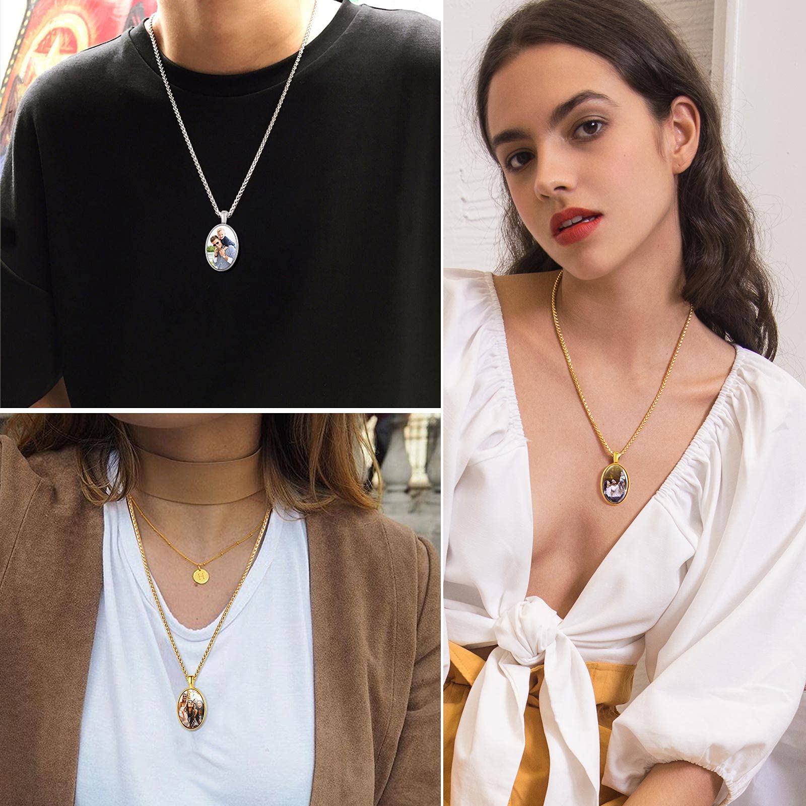 FindChic Creative Photo Necklace Personalized for Men Women Dog Tag/Square/Round/Angel Wing/Cat/Oval Shaped Stainless Steel/18K Gold Plated Picture Pendant Custom Text Memorial Jewelry, with Gift Box